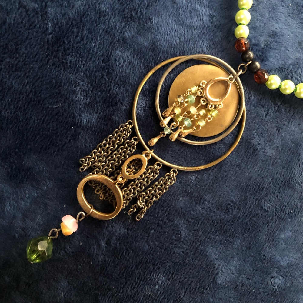Handcrafted repurpose old brass fringe pendant Czech glass Pearl necklace - Picture 6 of 7